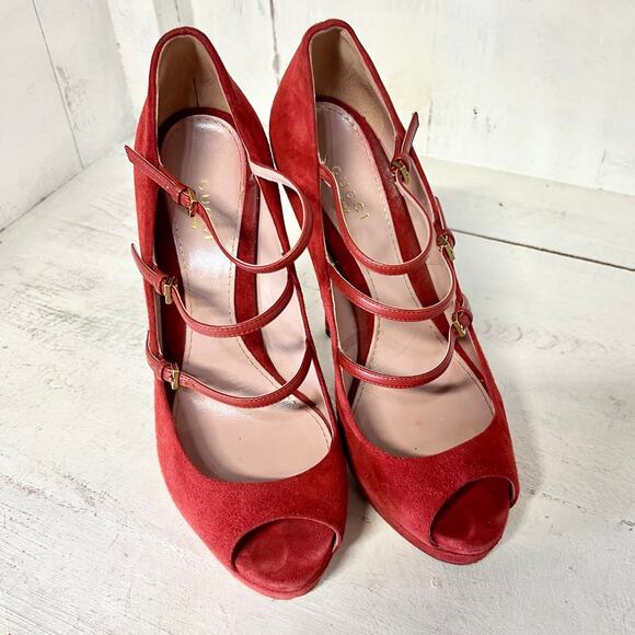 Gucci Lisbeth Suede Strappy Peep Toe Stilettos Heel Pumps Rose Bed Women's 38.5 - Picture 3 of 11